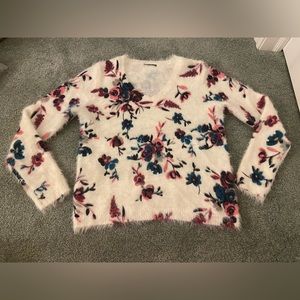 Fuzzy White Sweater with Floral Pattern